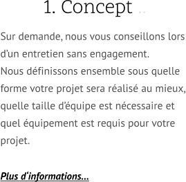 1. Concept .. Sur demande, nous vous conseillons lors d’un entretien sans engagement. Nous définissons ensemble sous quelle forme votre projet sera réalisé au mieux, quelle taille d’équipe est nécessaire et quel équipement est requis pour votre projet.  Plus d‘informations…